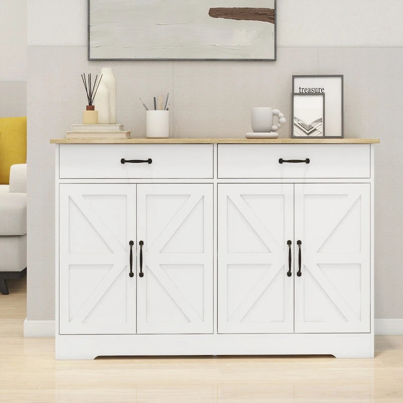 47.95 Buffet de ferme avec 2 tiroirs et 4 portes pour salle à manger, salon, cuisine – Blanc