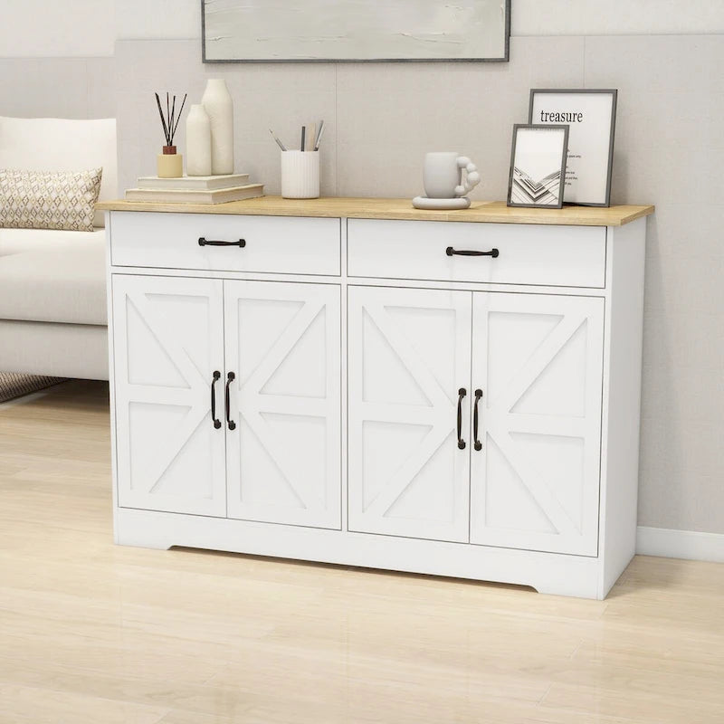 47.95 Buffet de ferme avec 2 tiroirs et 4 portes pour salle à manger, salon, cuisine – Blanc