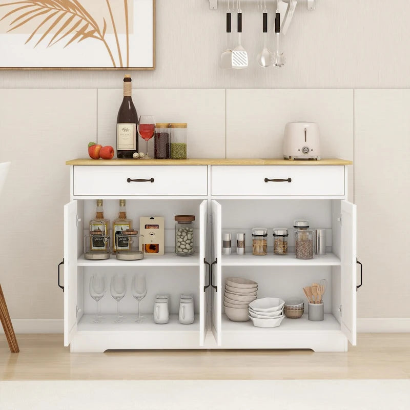47.95 Buffet de ferme avec 2 tiroirs et 4 portes pour salle à manger, salon, cuisine – Blanc
