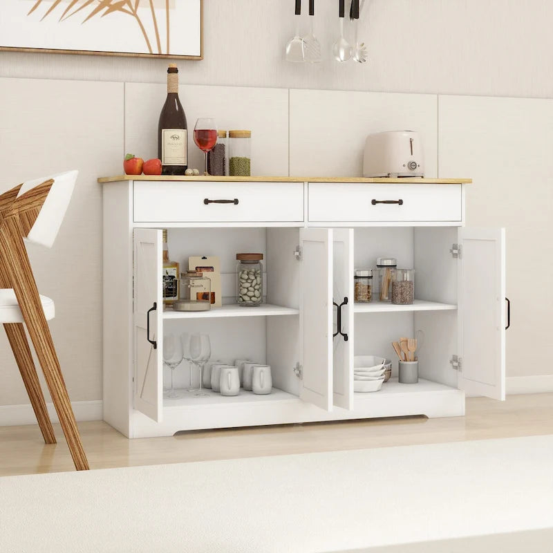 47.95 Buffet de ferme avec 2 tiroirs et 4 portes pour salle à manger, salon, cuisine – Blanc
