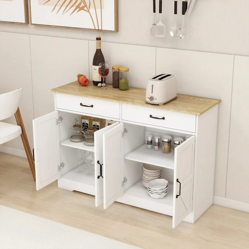 47.95 Buffet de ferme avec 2 tiroirs et 4 portes pour salle à manger, salon, cuisine – Blanc