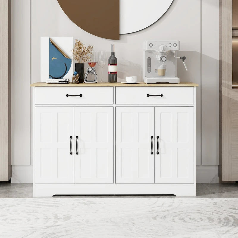 47.95 Buffet de ferme avec 2 tiroirs et 4 portes pour salle à manger, salon, cuisine – Blanc