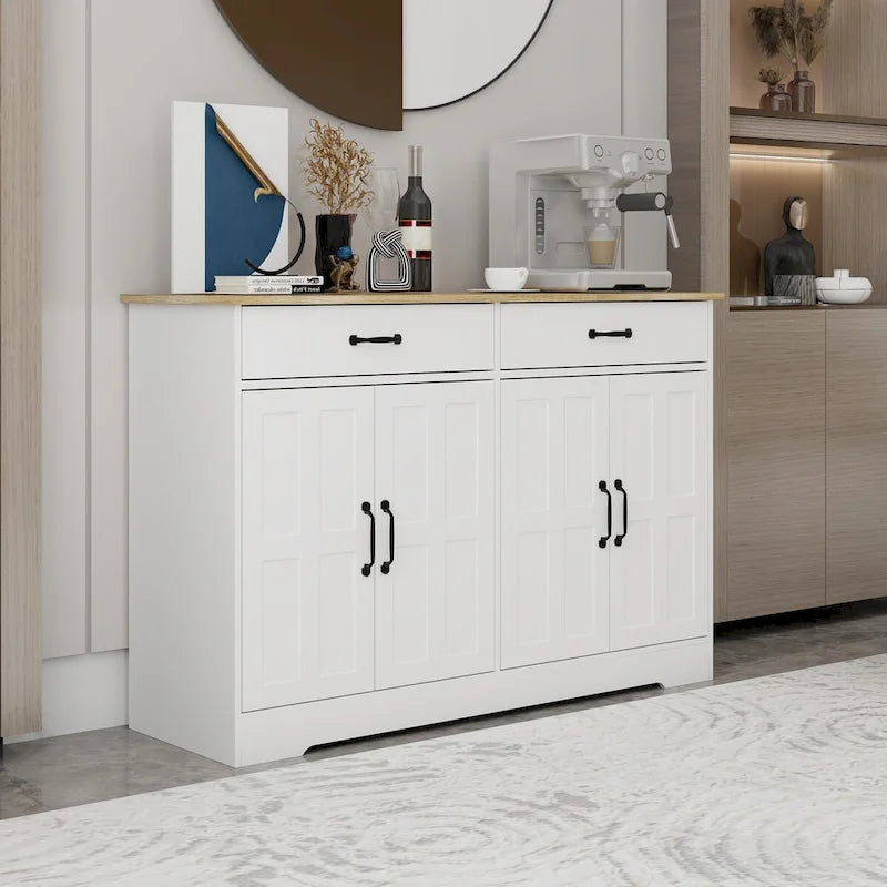 47.95 Buffet de ferme avec 2 tiroirs et 4 portes pour salle à manger, salon, cuisine – Blanc