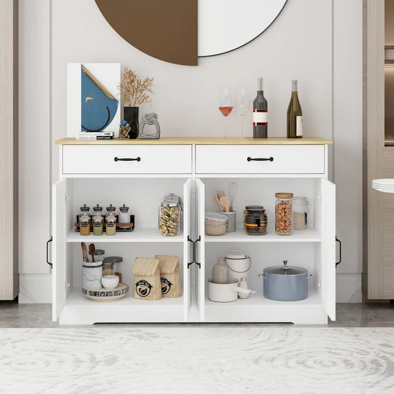 47.95 Buffet de ferme avec 2 tiroirs et 4 portes pour salle à manger, salon, cuisine – Blanc
