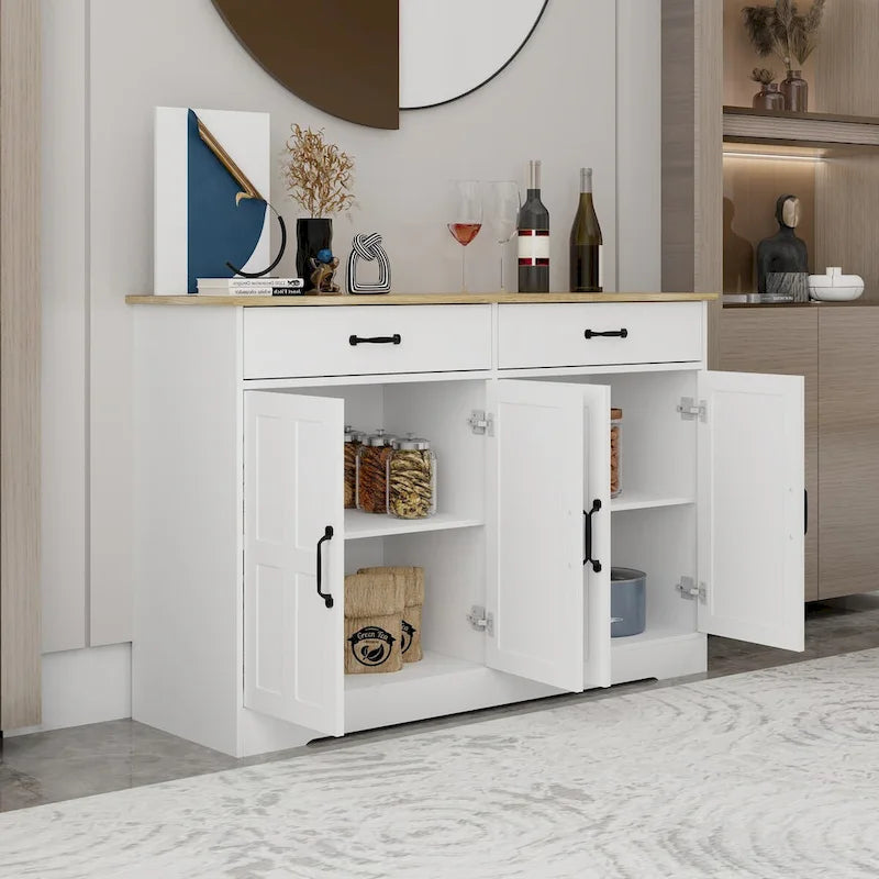 47.95 Buffet de ferme avec 2 tiroirs et 4 portes pour salle à manger, salon, cuisine – Blanc