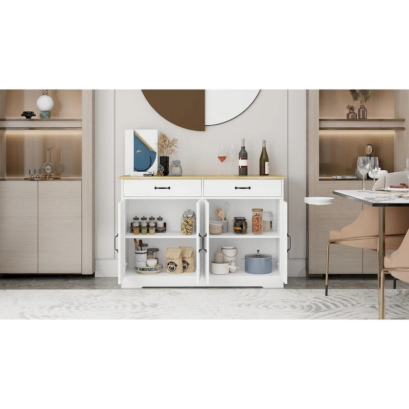 47.95 Buffet de ferme avec 2 tiroirs et 4 portes pour salle à manger, salon, cuisine – Blanc