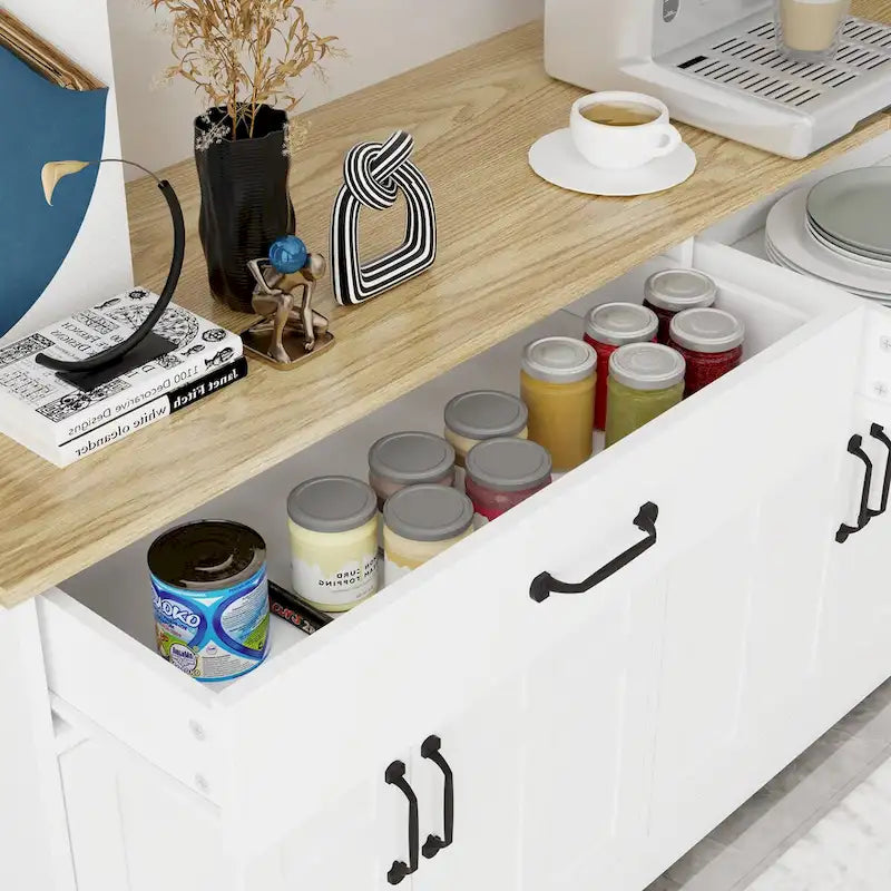 47.95 Buffet de ferme avec 2 tiroirs et 4 portes pour salle à manger, salon, cuisine – Blanc