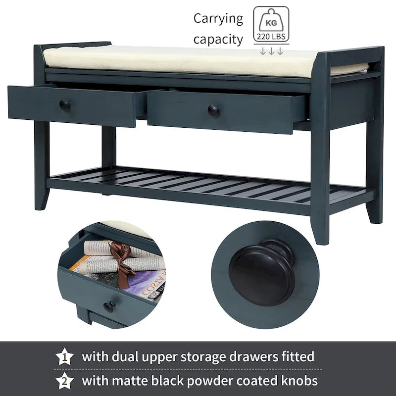 Meuble à chaussures avec assise capitonnée et tiroirs, banc de rangement multifonction pour entrée