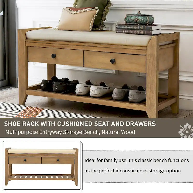 Meuble à chaussures avec assise capitonnée et tiroirs, banc de rangement multifonction pour entrée