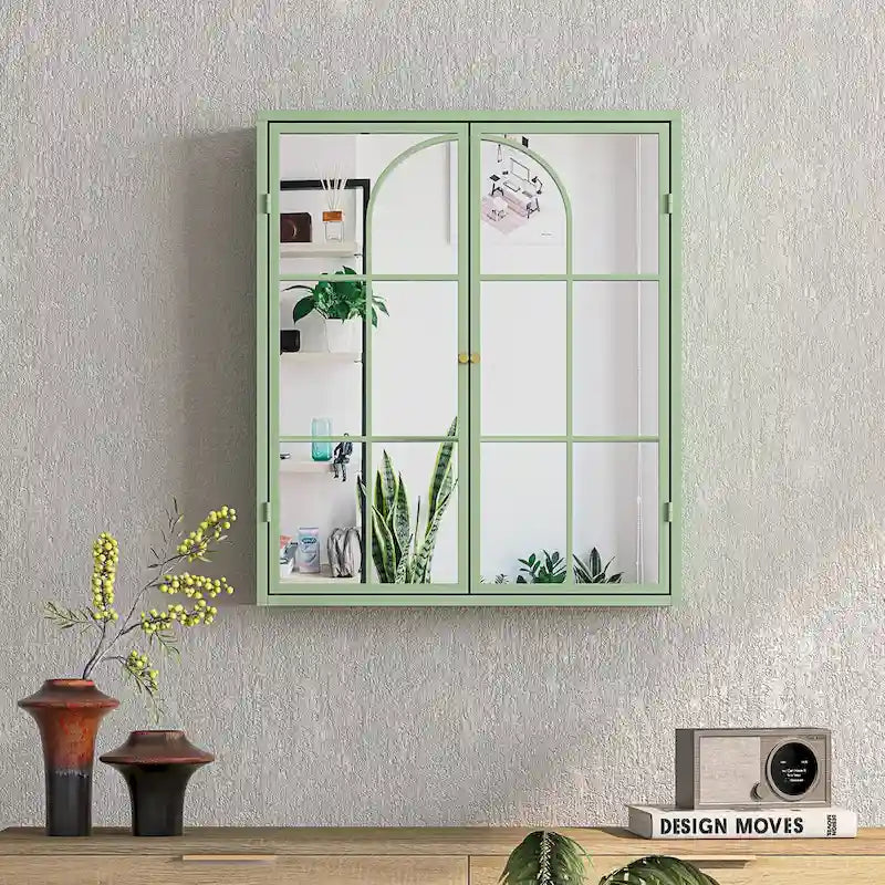 23.62 Vintage Two Door Wall Cabinet with Mirror,Three-level Entrance Storage Space for Living Room,Bathroom,Dining Room,Green