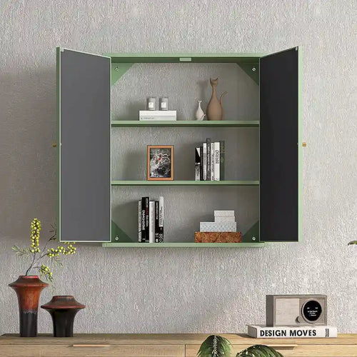 23.62 Armoire murale vintage à deux portes avec miroir, espace de rangement à trois niveaux pour entrée, salon, salle de bain, salle à manger, vert