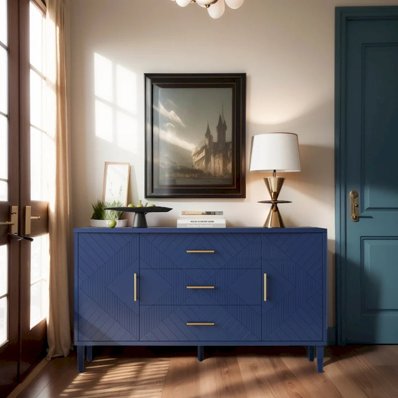 Meuble élégant et fonctionnel 2 portes 3 tiroirs avec effet sculpté, pour Chambre, Salon, Bureau, montage facile, Bleu marine