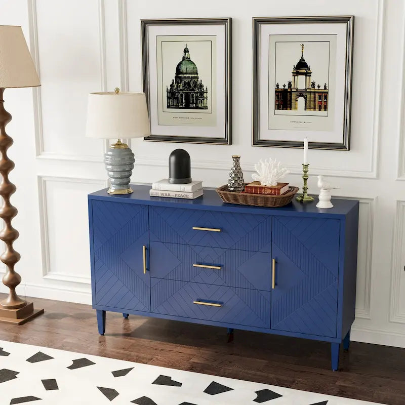 Meuble élégant et fonctionnel 2 portes 3 tiroirs avec effet sculpté, pour Chambre, Salon, Bureau, montage facile, Bleu marine