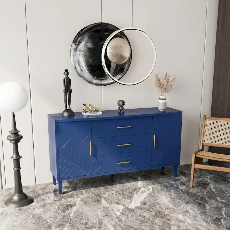 Meuble élégant et fonctionnel 2 portes 3 tiroirs avec effet sculpté, pour Chambre, Salon, Bureau, montage facile, Bleu marine