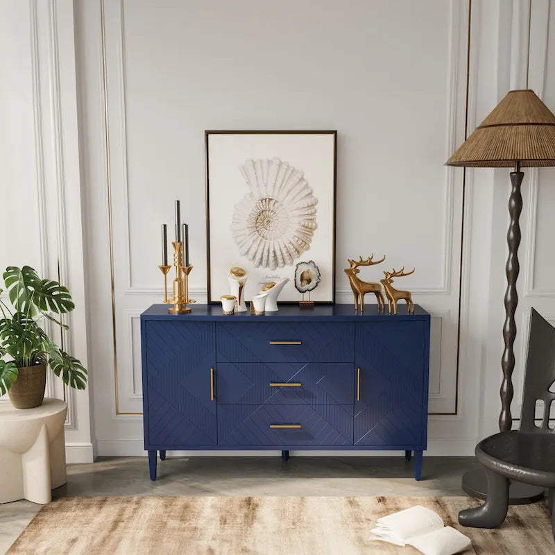 Meuble élégant et fonctionnel 2 portes 3 tiroirs avec effet sculpté, pour Chambre, Salon, Bureau, montage facile, Bleu marine