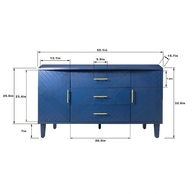 Meuble élégant et fonctionnel 2 portes 3 tiroirs avec effet sculpté, pour Chambre, Salon, Bureau, montage facile, Bleu marine