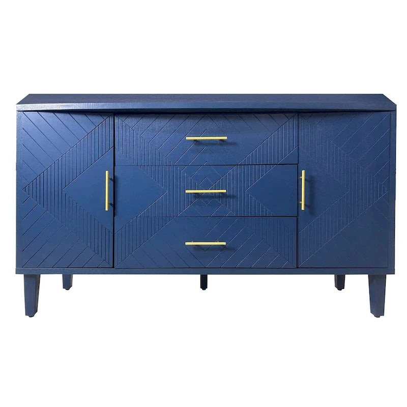 Meuble élégant et fonctionnel 2 portes 3 tiroirs avec effet sculpté, pour Chambre, Salon, Bureau, montage facile, Bleu marine
