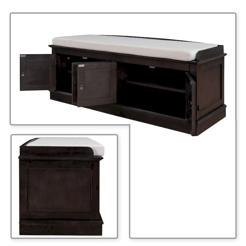 Banc de rangement en bois classique vintage avec deux armoires