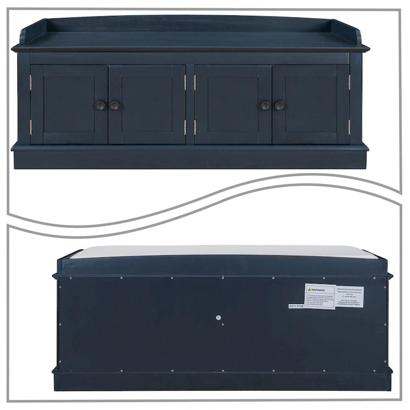 Banc de rangement en bois classique vintage avec deux armoires