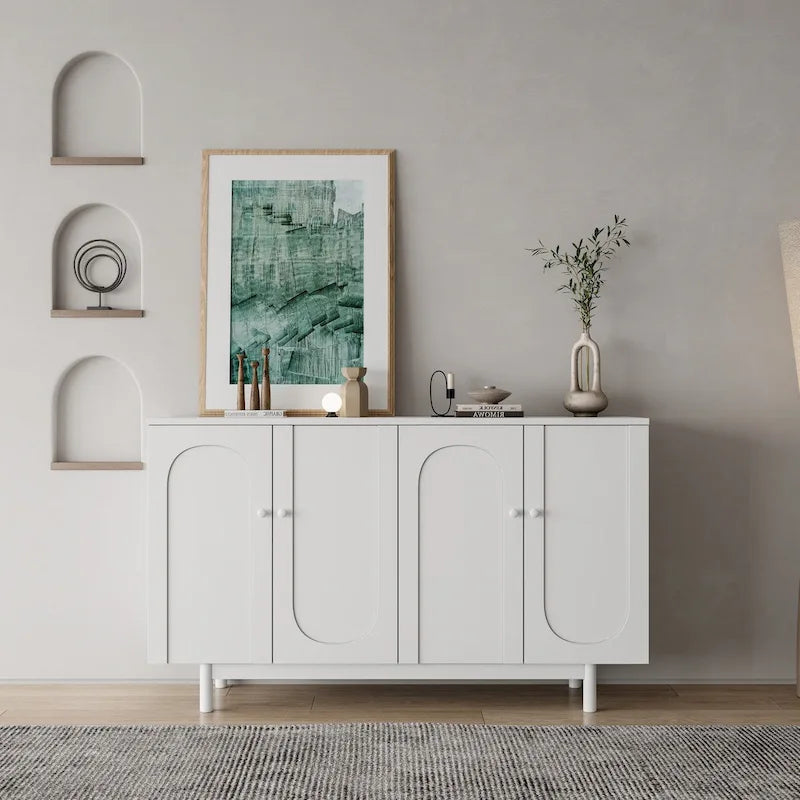 Armoire de Rangement 4 Portes Élégante et Fonctionnelle avec Pieds en Pin, Poignées en Bois Massif et MDF, pour Salon, Chambre et Cuisine