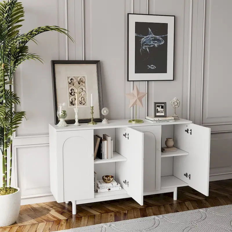 Armoire de Rangement 4 Portes Élégante et Fonctionnelle avec Pieds en Pin, Poignées en Bois Massif et MDF, pour Salon, Chambre et Cuisine