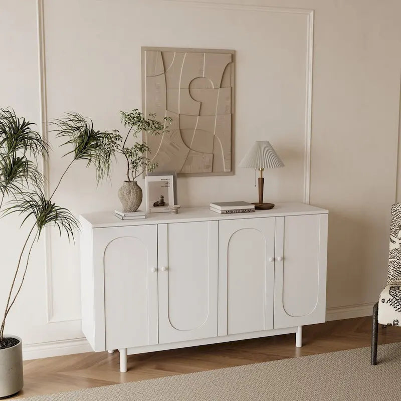 Armoire de Rangement 4 Portes Élégante et Fonctionnelle avec Pieds en Pin, Poignées en Bois Massif et MDF, pour Salon, Chambre et Cuisine