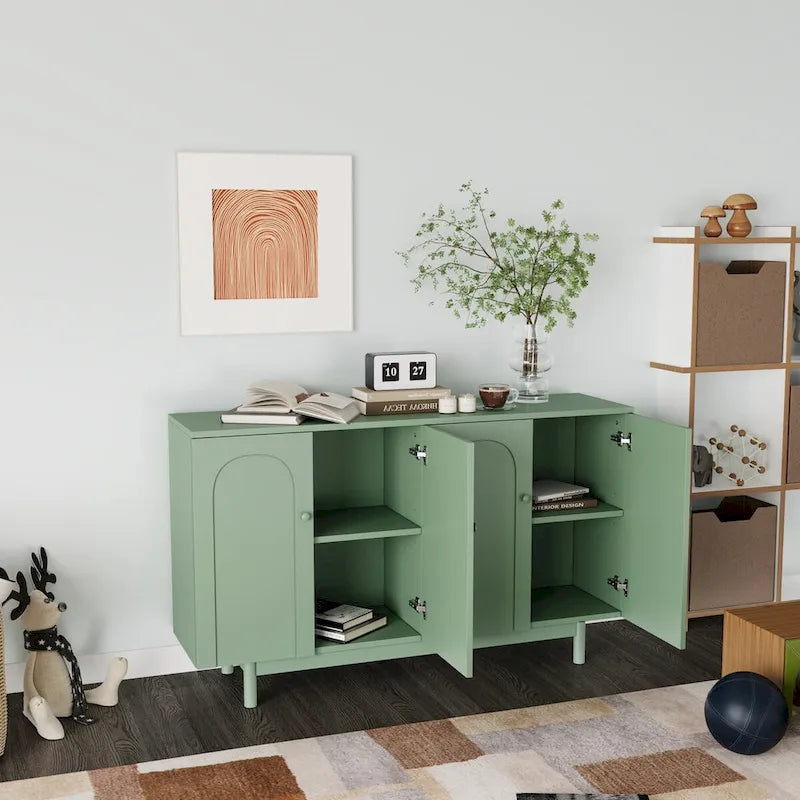Armoire de Rangement 4 Portes Élégante et Fonctionnelle avec Pieds en Pin, Poignées en Bois Massif et MDF, pour Salon, Chambre et Cuisine