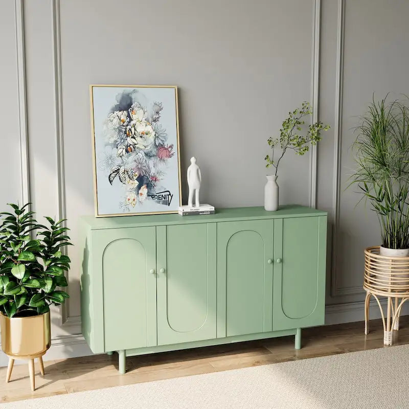 Armoire de Rangement 4 Portes Élégante et Fonctionnelle avec Pieds en Pin, Poignées en Bois Massif et MDF, pour Salon, Chambre et Cuisine