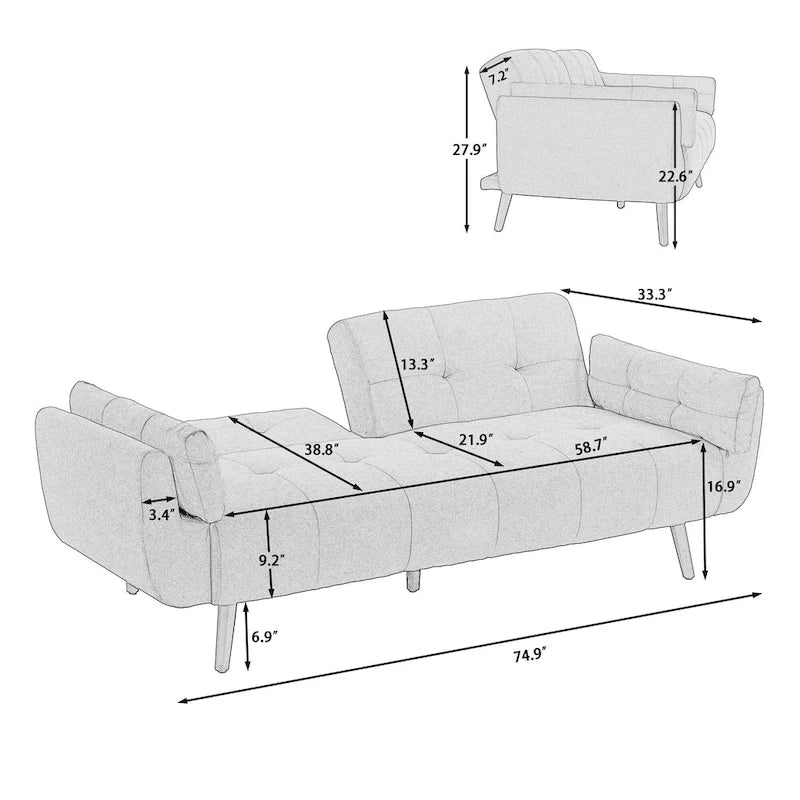 Canapé Futon Convertible 75" avec Dossier Capitonné Ajustable