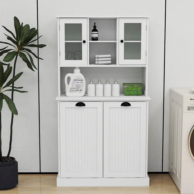 Meuble de salle de bain haut blanc avec panier à linge sale inclinable à deux compartiments et 2 étagères réglables