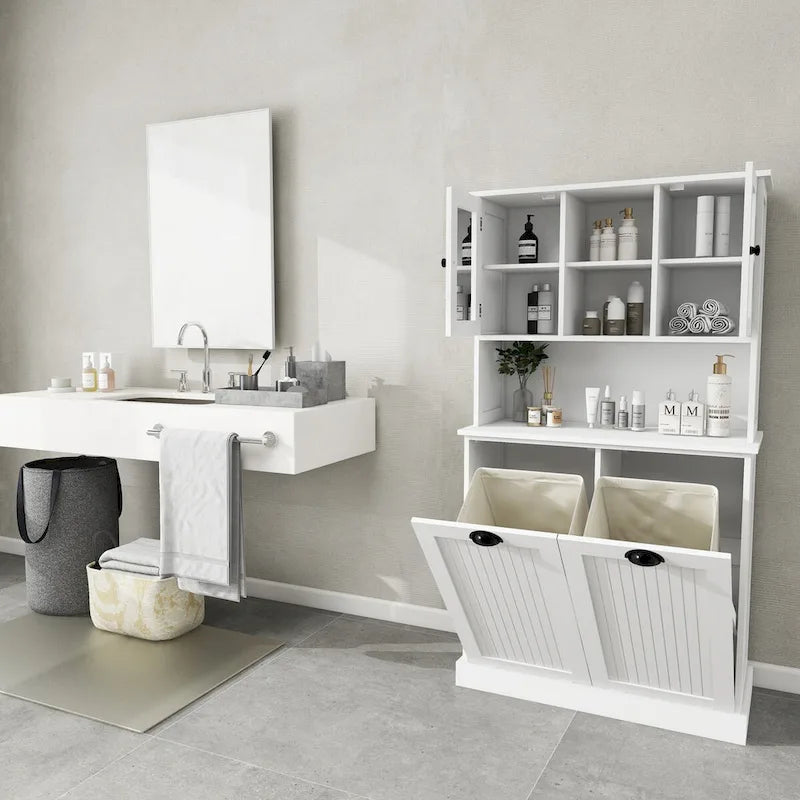 Meuble de salle de bain haut blanc avec panier à linge sale inclinable à deux compartiments et 2 étagères réglables