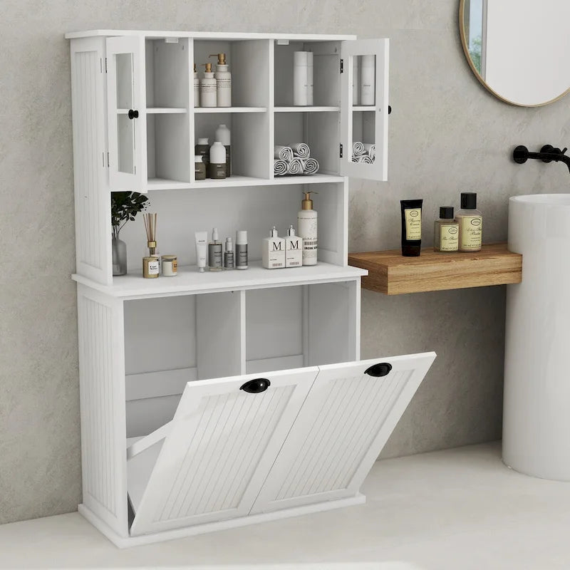 Meuble de salle de bain haut blanc avec panier à linge sale inclinable à deux compartiments et 2 étagères réglables