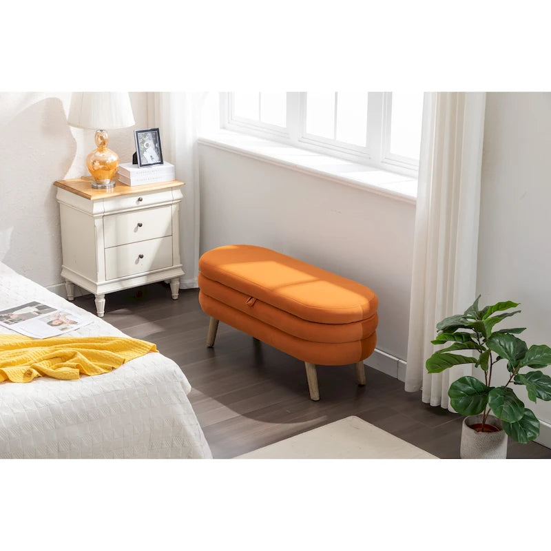 Banc de rangement en velours avec pieds en bois pour salon et chambre à coucher