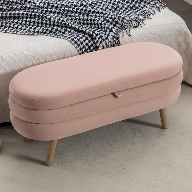 Banc de rangement en velours avec pieds en bois pour salon et chambre à coucher