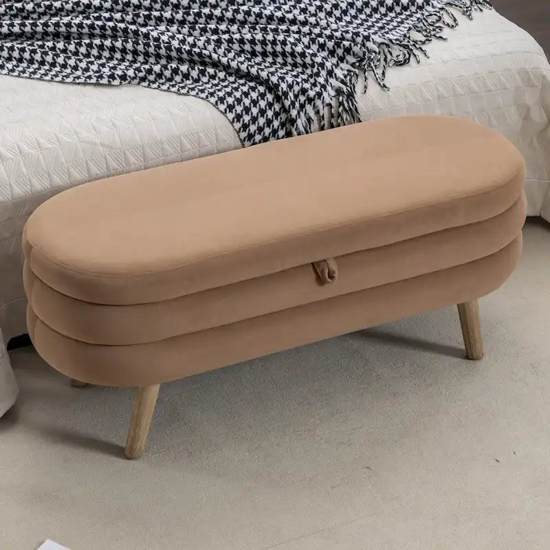 Banc de rangement en velours avec pieds en bois pour salon et chambre à coucher