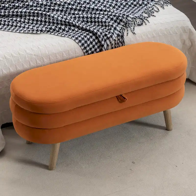 Banc de rangement en velours avec pieds en bois pour salon et chambre à coucher