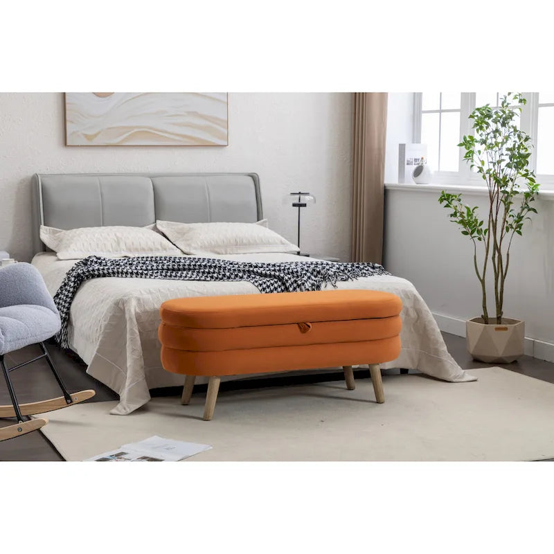 Banc de rangement en velours avec pieds en bois pour salon et chambre à coucher