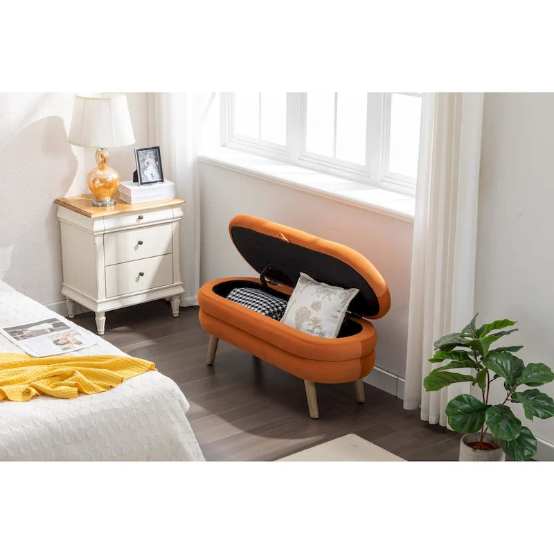 Banc de rangement en velours avec pieds en bois pour salon et chambre à coucher