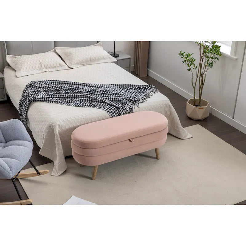 Banc de rangement en velours avec pieds en bois pour salon et chambre à coucher