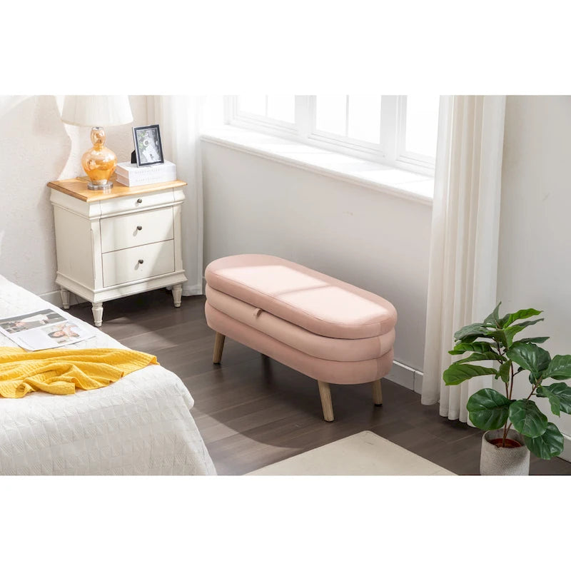 Banc de rangement en velours avec pieds en bois pour salon et chambre à coucher
