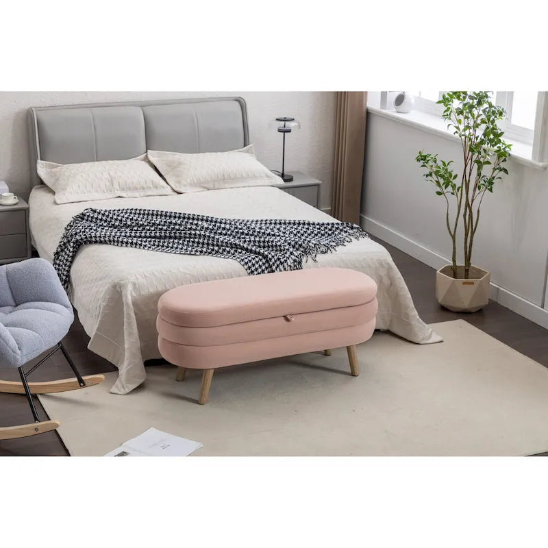 Banc de rangement en velours avec pieds en bois pour salon et chambre à coucher