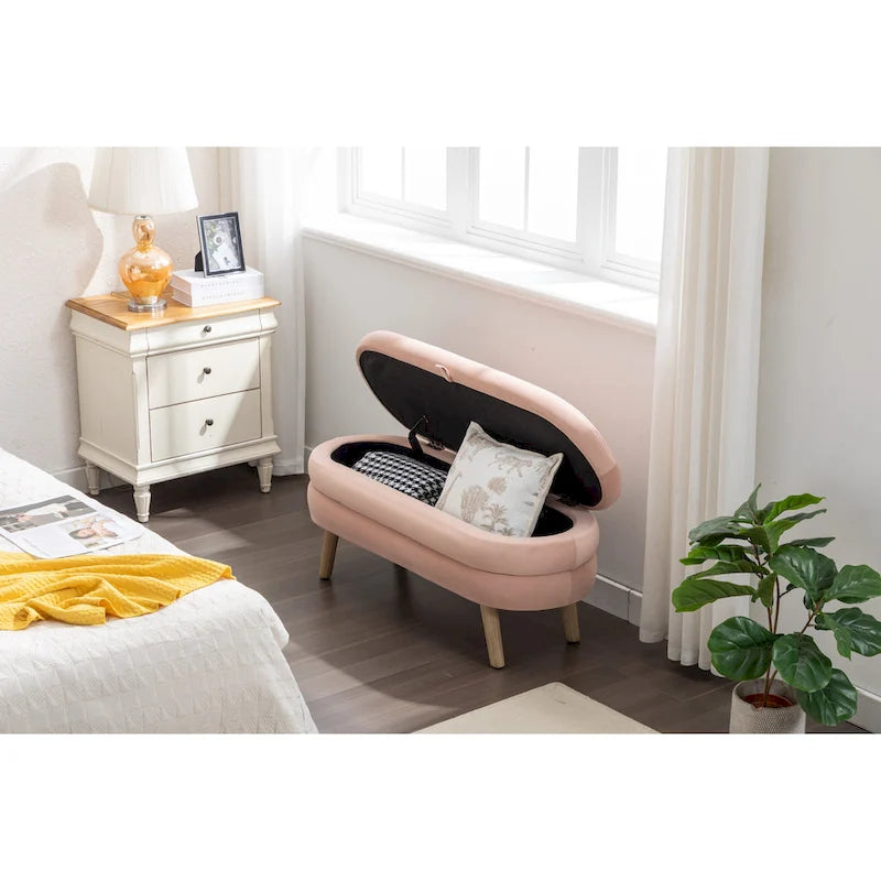 Banc de rangement en velours avec pieds en bois pour salon et chambre à coucher
