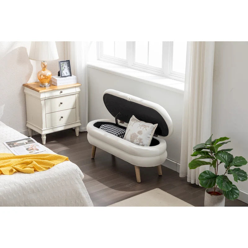 Banc de rangement en velours avec pieds en bois pour salon et chambre à coucher