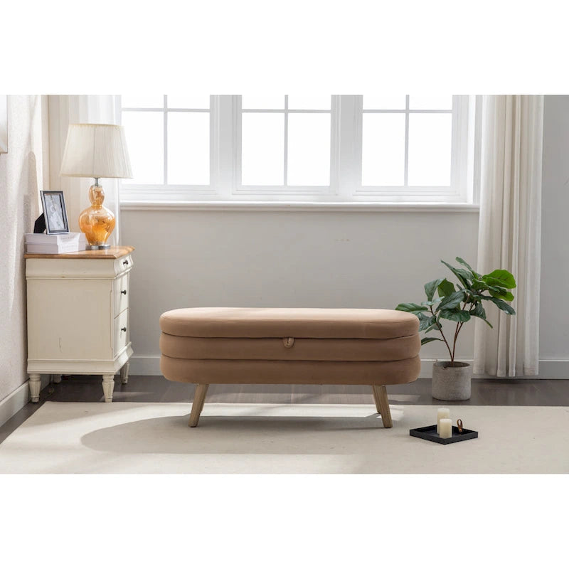 Banc de rangement en velours avec pieds en bois pour salon et chambre à coucher