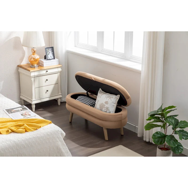 Banc de rangement en velours avec pieds en bois pour salon et chambre à coucher