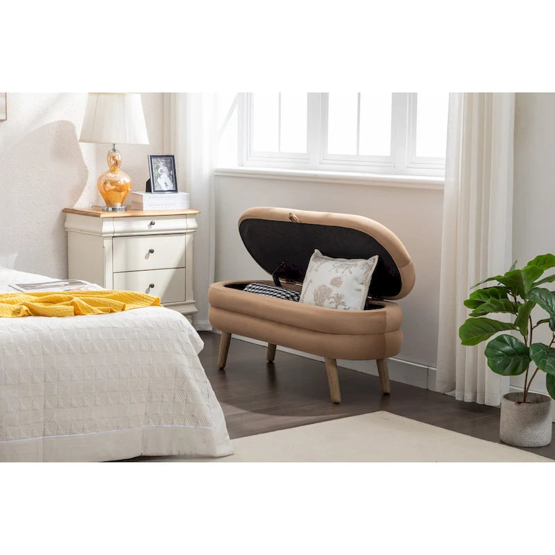 Banc de rangement en velours avec pieds en bois pour salon et chambre à coucher
