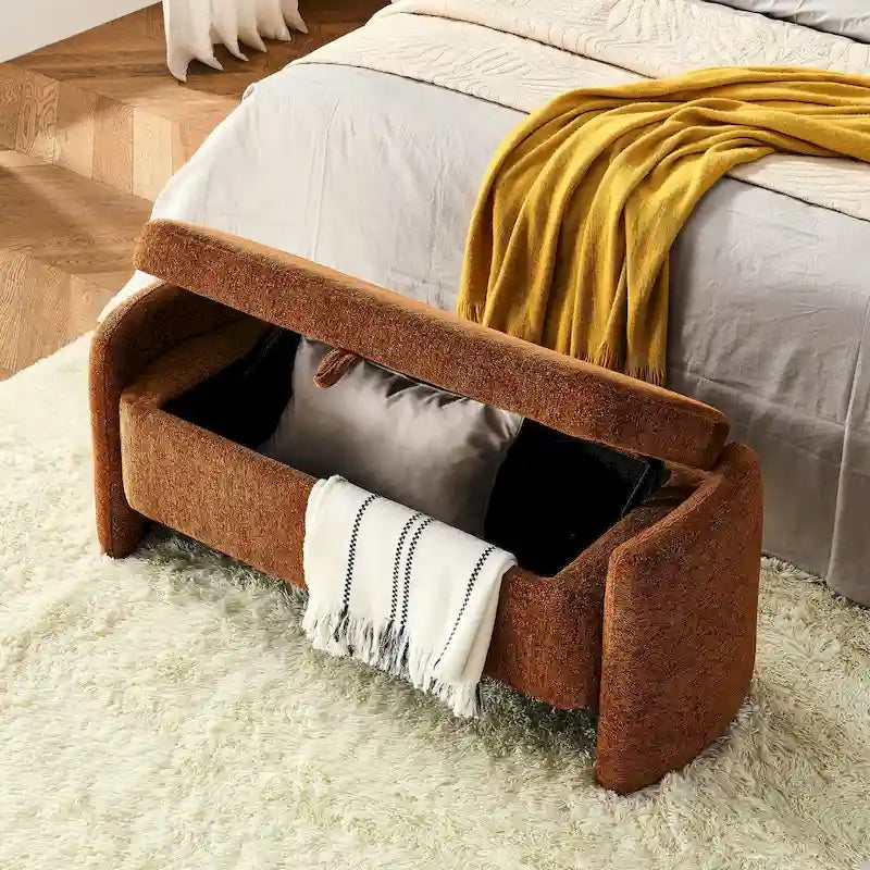 Banc de rangement ottoman ovale, banc en tissu chenille avec grand espace de rangement pour le salon, l'entrée et la chambre à coucher