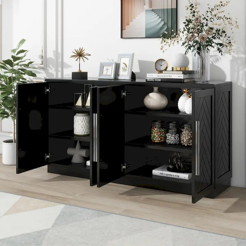 Bahut 4 portes grand espace de rangement Meuble de rangement avec étagères réglables et poignées argentées pour cuisine