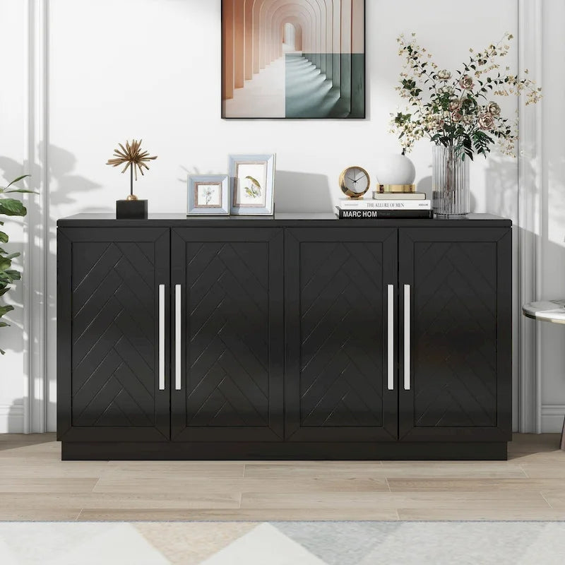 Bahut 4 portes grand espace de rangement Meuble de rangement avec étagères réglables et poignées argentées pour cuisine
