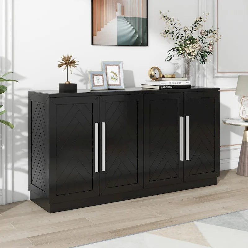 Bahut 4 portes grand espace de rangement Meuble de rangement avec étagères réglables et poignées argentées pour cuisine